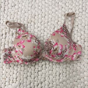 Victoria's Secret Beige Bra with Pink Floral Lily & Leopard Print and Rhinestone
